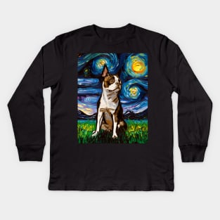 Brown Boston Terrier Night Kids Long Sleeve T-Shirt